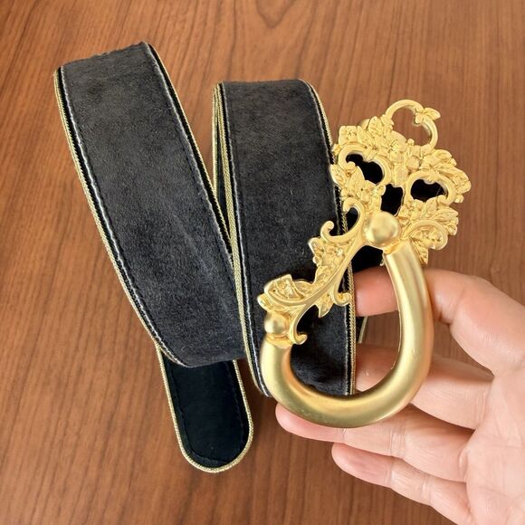 Vintage Doncaster Belt Gold Tone Ornate Buckle Italy Black Velvet USA Baroque main image 14